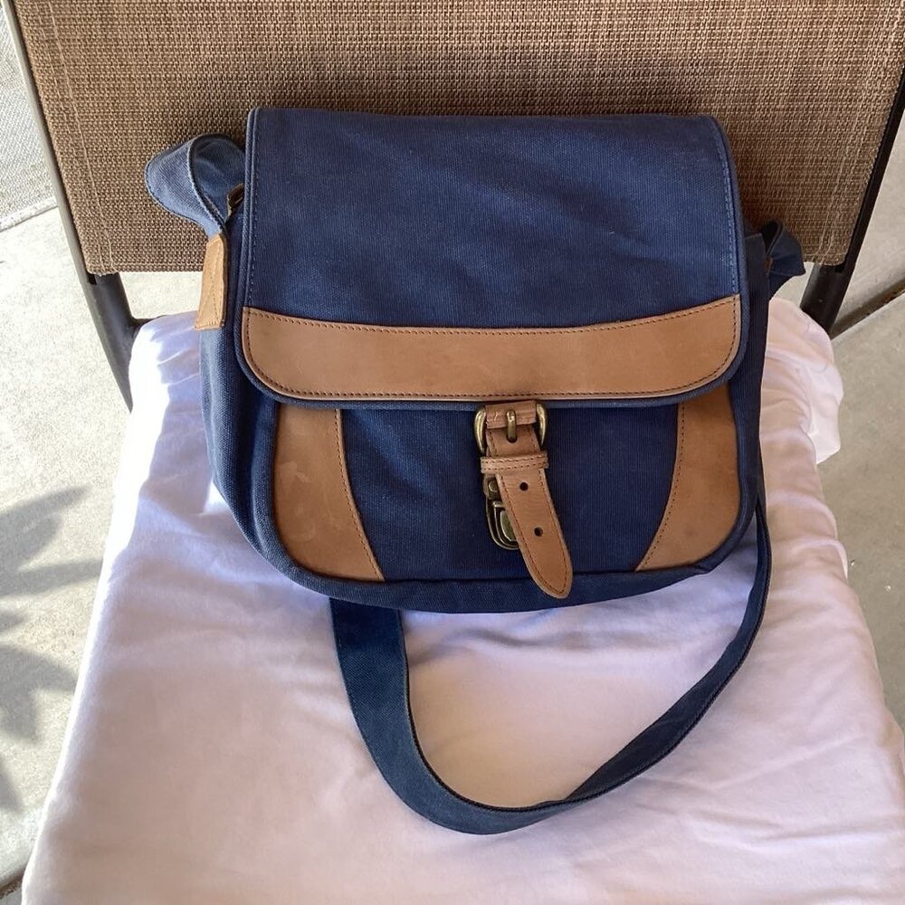 L.L. Bean Messenger Bag Blue Canvas and Leather